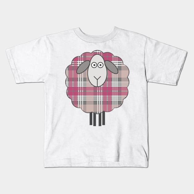 Scottish Pink, White and Grey Tartan Patterned Sheep Kids T-Shirt by MacPean